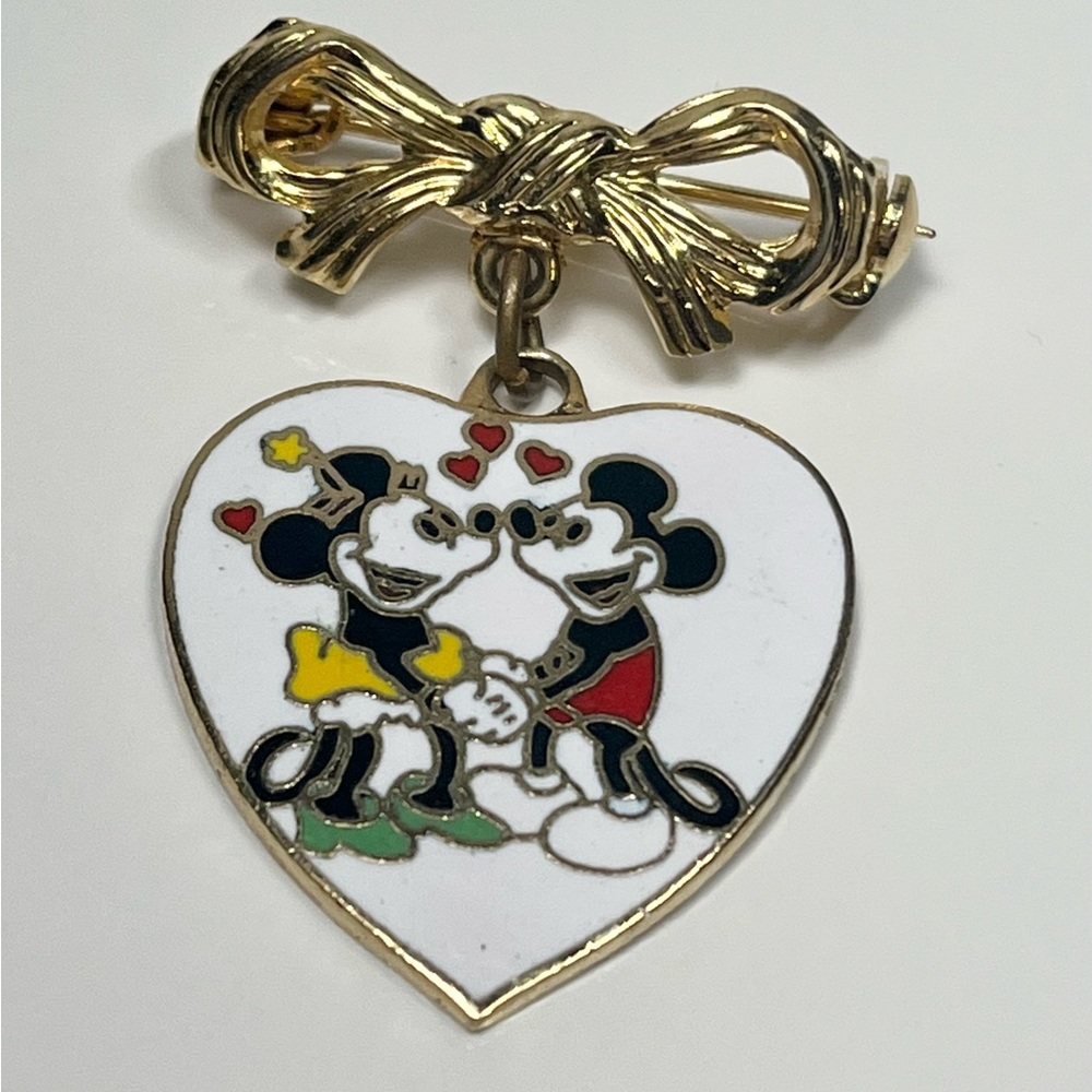 Vintage Walt Disney Productions Mickey & Minnie white & goldtone dangle brooch